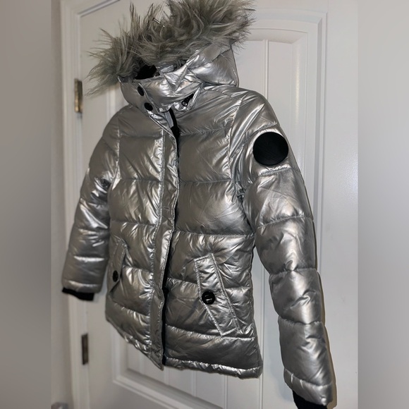 Diesel Girls Hooded Puffer Parka Jacket Removable Faux Fur Trim Silver* - Picture 11 of 12